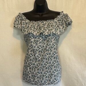 A-191 Loft White & Teal Blue Floral‎ Ruffle Blouse Size XS